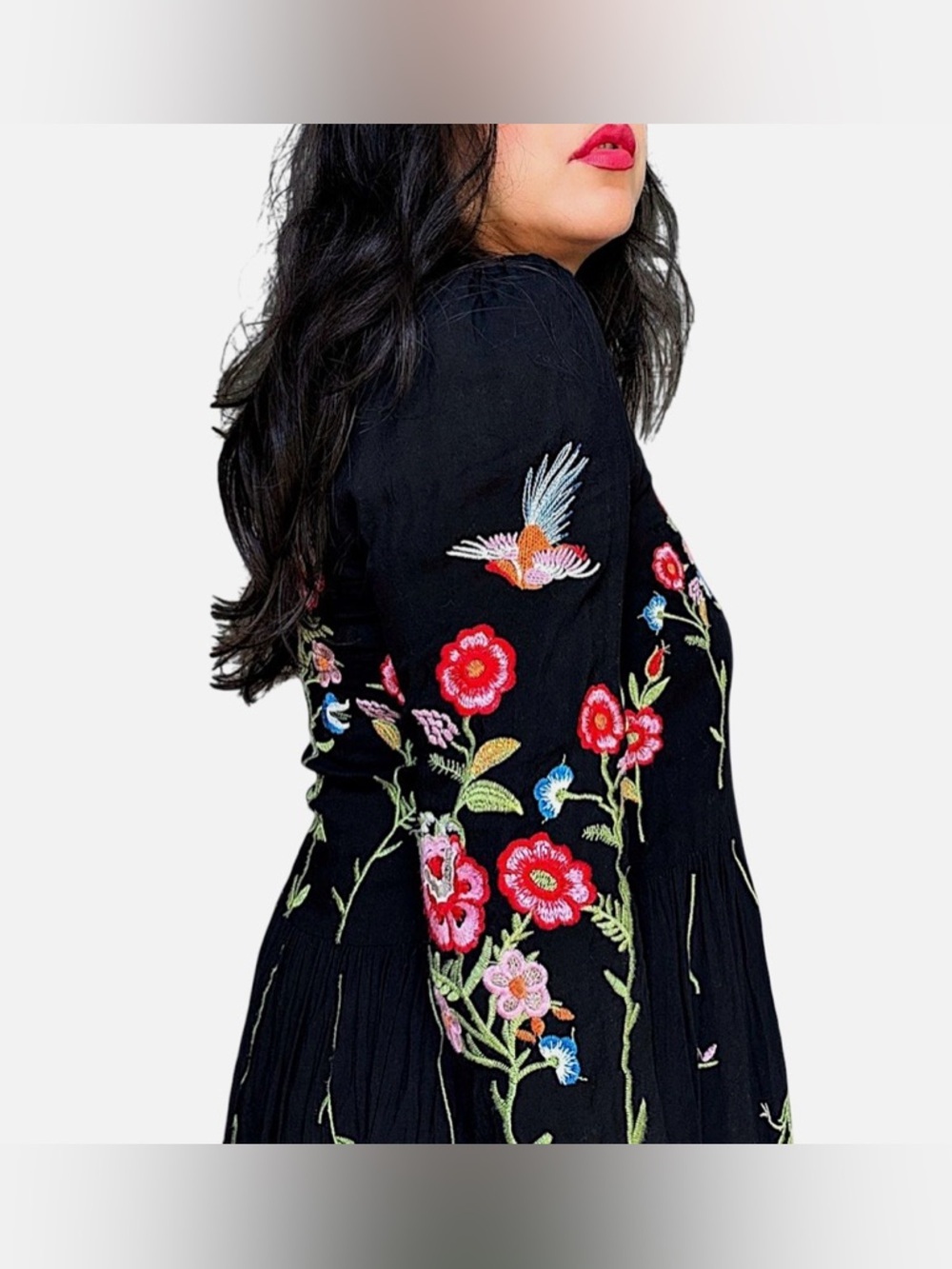 Anthropologie Maeve Allison Embroidered Bird Floral Mini Dress Black Small - Picture 2 of 7